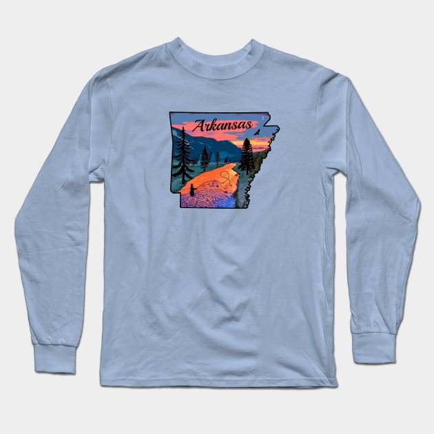 Fly Fishing Arkansas State Map Mountain Sunset River Retro Long Sleeve T-Shirt by TeeCreations